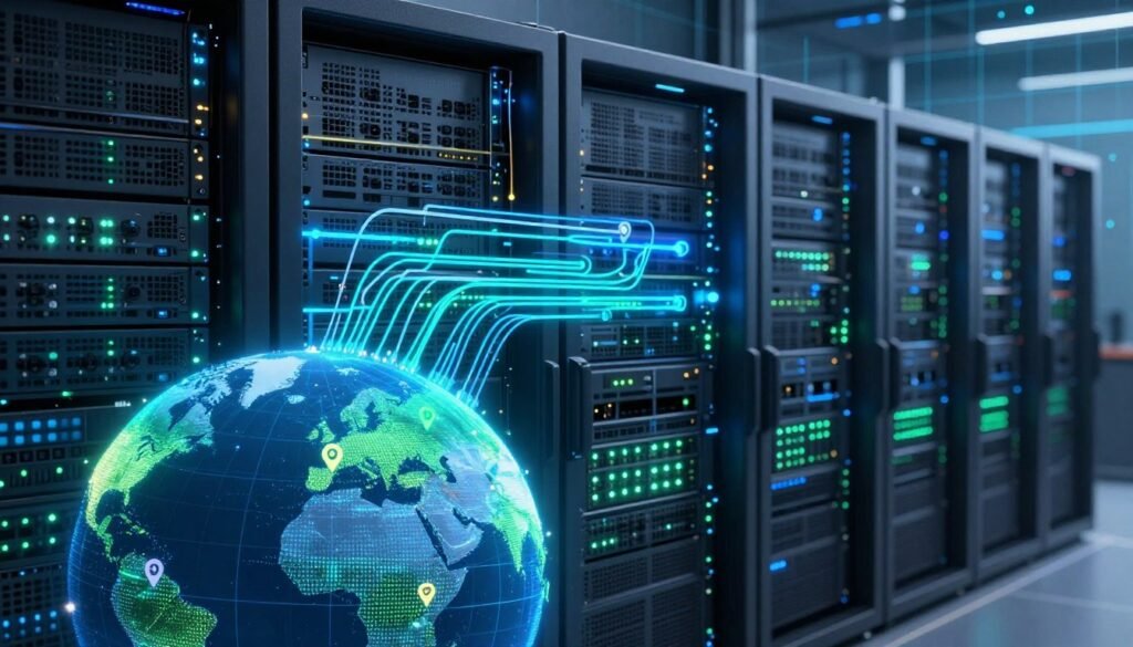 A detailed visualization of a sophisticated server network setup, featuring rows of sleek, modern servers with blinking LED lights in a data center environment. In the foreground, a globe symbolizing global connectivity, highlighting various locations marked with pins representing the 127 countries covered by NordVPN. The middle layer should showcase interconnected lines and circuits, illustrating data flow between servers, with a luminescent blue and green color scheme that emanates a sense of security and technology. The background fades softly into a digital grid overlay, enhancing the high-tech atmosphere. The lighting should be cool and ambient, casting subtle shadows to create depth. Overall, the mood should convey innovation, reliability, and global reach in digital security. A detailed visualization of a sophisticated server network setup, featuring rows of sleek, modern servers with blinking LED lights in a data center environment. In the foreground, a globe symbolizing global connectivity, highlighting various locations marked with pins representing the 127 countries covered by NordVPN. The middle layer should showcase interconnected lines and circuits, illustrating data flow between servers, with a luminescent blue and green color scheme that emanates a sense of security and technology. The background fades softly into a digital grid overlay, enhancing the high-tech atmosphere. The lighting should be cool and ambient, casting subtle shadows to create depth. Overall, the mood should convey innovation, reliability, and global reach in digital security.