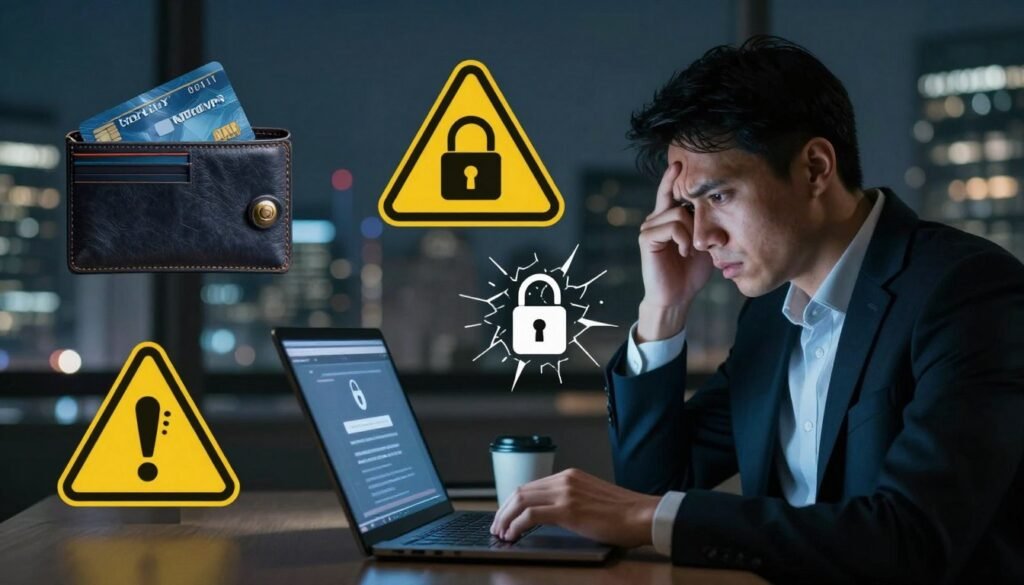 A digital collage representing the potential drawbacks and warnings associated with using NordVPN. In the foreground, a concerned professional sitting at a desk, dressed in business attire, examines a laptop displaying a security alert. In the middle ground, various visual elements like an open wallet revealing credit cards, warning signs, and a shattered lock icon symbolize financial risks and security concerns. The background features a blurred cityscape, implying a digital world fraught with cyber threats. The lighting is dim and moody, with a soft spotlight on the professional, emphasizing tension and caution. The overall atmosphere conveys a sense of urgency and the need for careful consideration before making tech purchases. A digital collage representing the potential drawbacks and warnings associated with using NordVPN. In the foreground, a concerned professional sitting at a desk, dressed in business attire, examines a laptop displaying a security alert. In the middle ground, various visual elements like an open wallet revealing credit cards, warning signs, and a shattered lock icon symbolize financial risks and security concerns. The background features a blurred cityscape, implying a digital world fraught with cyber threats. The lighting is dim and moody, with a soft spotlight on the professional, emphasizing tension and caution. The overall atmosphere conveys a sense of urgency and the need for careful consideration before making tech purchases.