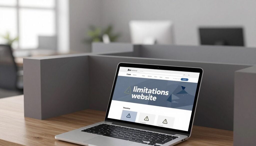 A digital illustration depicting the concept of "limitations website" in a sleek, modern aesthetic. In the foreground, feature a laptop displaying a visually-striking website interface with warning symbols subtly integrated into the design. The middle ground includes an abstract representation of barriers or walls that suggest constraints, using geometric shapes and muted colors. The background shows a blurred office environment with soft lighting, conveying a professional yet slightly tense atmosphere. The scene should evoke a mood of contemplation, with shadows adding depth. Capture this from a slightly elevated angle to emphasize the laptop and barriers. Use a soft focus for the background to maintain attention on the website interface. A digital illustration depicting the concept of "limitations website" in a sleek, modern aesthetic. In the foreground, feature a laptop displaying a visually-striking website interface with warning symbols subtly integrated into the design. The middle ground includes an abstract representation of barriers or walls that suggest constraints, using geometric shapes and muted colors. The background shows a blurred office environment with soft lighting, conveying a professional yet slightly tense atmosphere. The scene should evoke a mood of contemplation, with shadows adding depth. Capture this from a slightly elevated angle to emphasize the laptop and barriers. Use a soft focus for the background to maintain attention on the website interface.