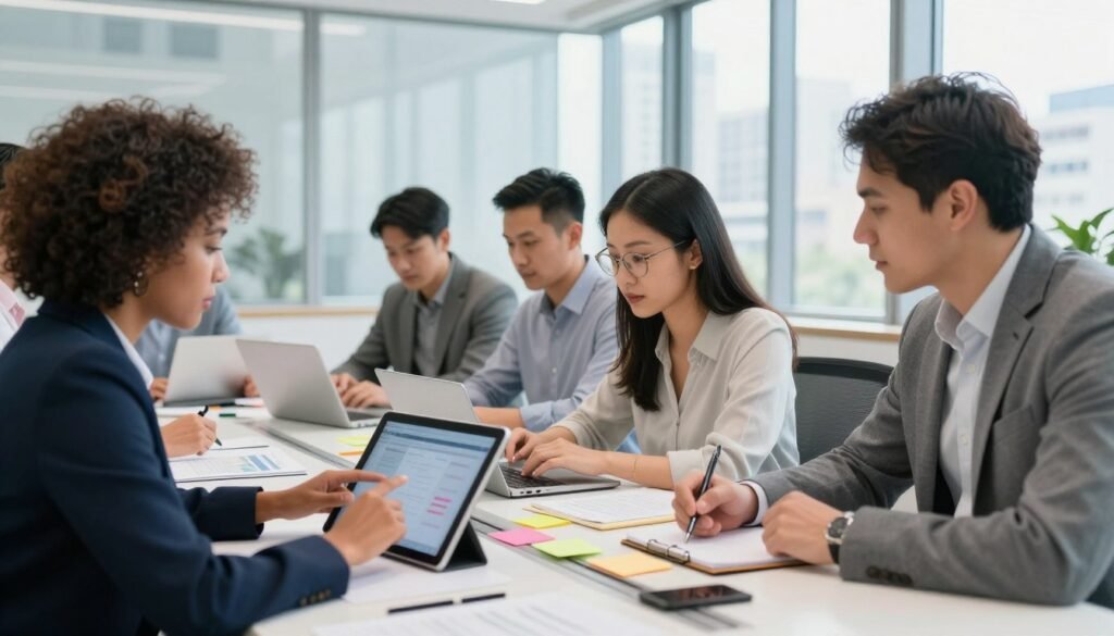 A diverse team of professionals gathered around a modern conference table in a well-lit office, collaborating on a project. In the foreground, a woman of African descent in smart business attire is pointing at a digital tablet, while a Caucasian man in a blazer takes notes. In the middle, a Hispanic woman with glasses is analyzing a laptop screen, surrounded by colorful sticky notes and documents. In the background, large windows reveal a bustling cityscape, casting natural light into the room. The atmosphere is focused and dynamic, embodying teamwork and productivity, with a slight blur effect to emphasize their engagement in the task at hand. A diverse team of professionals gathered around a modern conference table in a well-lit office, collaborating on a project. In the foreground, a woman of African descent in smart business attire is pointing at a digital tablet, while a Caucasian man in a blazer takes notes. In the middle, a Hispanic woman with glasses is analyzing a laptop screen, surrounded by colorful sticky notes and documents. In the background, large windows reveal a bustling cityscape, casting natural light into the room. The atmosphere is focused and dynamic, embodying teamwork and productivity, with a slight blur effect to emphasize their engagement in the task at hand.