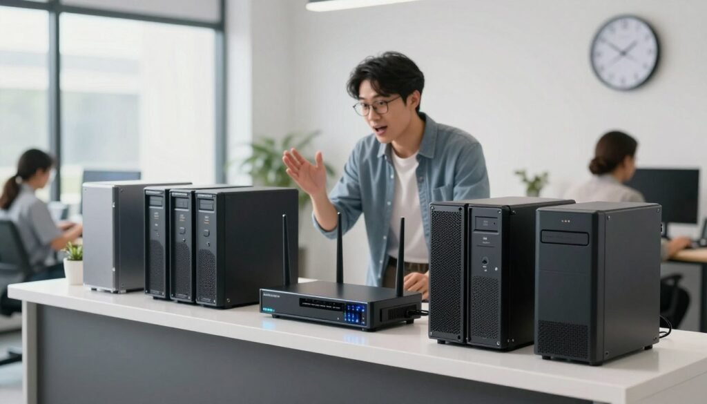 A dynamic and professional setting showcasing a variety of original INMOTION products, prominently displayed on a sleek, modern counter. In the foreground, feature well-designed tech items such as powerful routers, servers, and hosting equipment arranged neatly. In the middle ground, an engaged customer in smart casual attire examines the products, expressing interest and excitement. The background highlights a bright, contemporary office space with soft, natural lighting filtering through large windows, enhancing the atmosphere of innovation. A sense of urgency and reliability is conveyed through visual elements like a prominent clock. The overall mood is professional yet welcoming, emphasizing fast shipping and customer service excellence. The image should be captured with a shallow depth of field to focus on the products while keeping the background slightly blurred, creating a modern business environment. A dynamic and professional setting showcasing a variety of original INMOTION products, prominently displayed on a sleek, modern counter. In the foreground, feature well-designed tech items such as powerful routers, servers, and hosting equipment arranged neatly. In the middle ground, an engaged customer in smart casual attire examines the products, expressing interest and excitement. The background highlights a bright, contemporary office space with soft, natural lighting filtering through large windows, enhancing the atmosphere of innovation. A sense of urgency and reliability is conveyed through visual elements like a prominent clock. The overall mood is professional yet welcoming, emphasizing fast shipping and customer service excellence. The image should be captured with a shallow depth of field to focus on the products while keeping the background slightly blurred, creating a modern business environment.