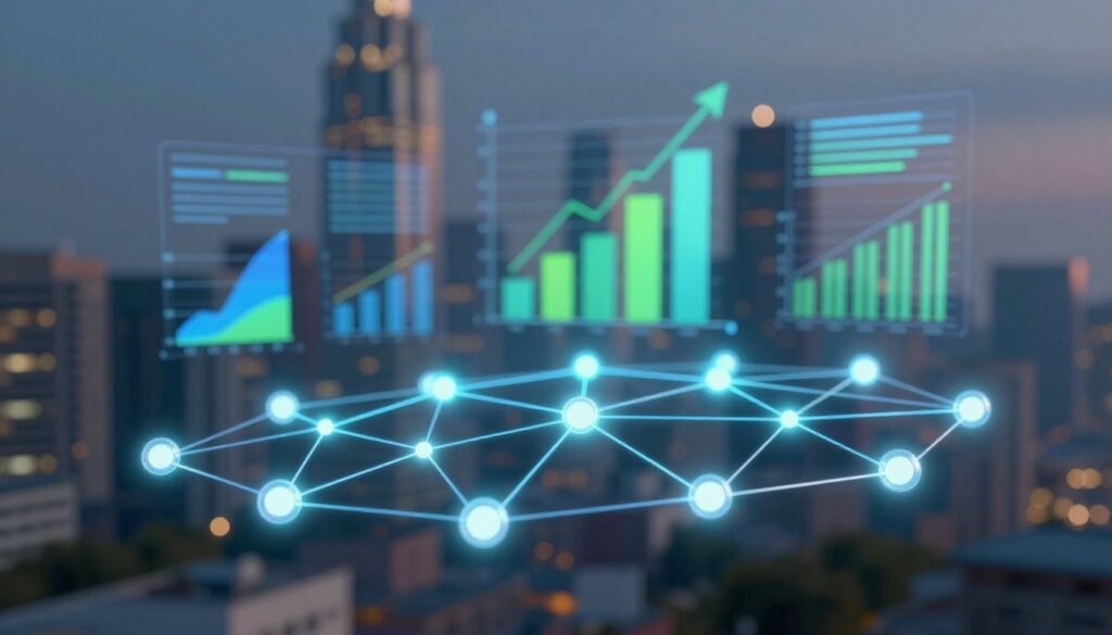 A dynamic digital illustration depicting the concept of backlinks in SEO. In the foreground, show a stylized network of interconnected nodes representing websites, each connected by glowing lines symbolizing backlinks, creating a web-like structure. In the middle, include graphical elements like charts and graphs that highlight link analysis and growth opportunities, using vibrant colors like blue and green to signify success. The background should feature a blurred city skyline, suggesting a digital landscape where websites thrive. Employ soft, ambient lighting to create a professional and optimistic atmosphere. Use a slight upward angle, emphasizing growth and forward momentum in the digital world of link building. Ensure the image maintains a clear and engaging focus on the backlinks concept without any text or distractions. A dynamic digital illustration depicting the concept of backlinks in SEO. In the foreground, show a stylized network of interconnected nodes representing websites, each connected by glowing lines symbolizing backlinks, creating a web-like structure. In the middle, include graphical elements like charts and graphs that highlight link analysis and growth opportunities, using vibrant colors like blue and green to signify success. The background should feature a blurred city skyline, suggesting a digital landscape where websites thrive. Employ soft, ambient lighting to create a professional and optimistic atmosphere. Use a slight upward angle, emphasizing growth and forward momentum in the digital world of link building. Ensure the image maintains a clear and engaging focus on the backlinks concept without any text or distractions.