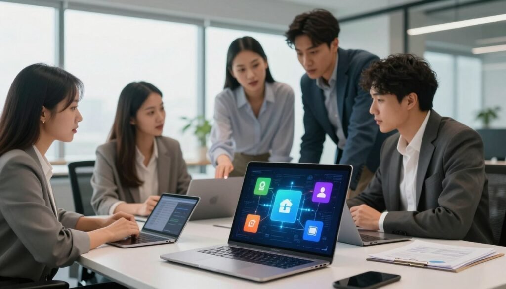 A dynamic, high-tech workspace showcasing the concept of "integrations." In the foreground, a sleek laptop displays interconnected application logos, with vibrant icons flowing from one to the other, symbolizing seamless automation. In the middle, a diverse group of three professionals, dressed in smart business attire, collaborate around a large table cluttered with tablets and digital devices, eagerly discussing their project with expressions of determination and innovation. The background features a modern office environment with large windows letting in soft, natural light, creating an uplifting atmosphere. The overall mood should convey productivity and synergy, demonstrating the powerful capabilities of integrated solutions in enhancing business performance. A dynamic, high-tech workspace showcasing the concept of "integrations." In the foreground, a sleek laptop displays interconnected application logos, with vibrant icons flowing from one to the other, symbolizing seamless automation. In the middle, a diverse group of three professionals, dressed in smart business attire, collaborate around a large table cluttered with tablets and digital devices, eagerly discussing their project with expressions of determination and innovation. The background features a modern office environment with large windows letting in soft, natural light, creating an uplifting atmosphere. The overall mood should convey productivity and synergy, demonstrating the powerful capabilities of integrated solutions in enhancing business performance.