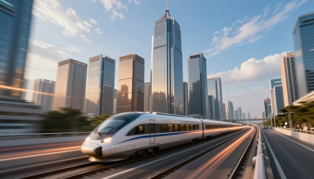 A futuristic cityscape bustling with motion, capturing the essence of speed. In the foreground, dynamic streaks of light from high-speed trains and cars blur as they travel along sleek highways. In the middle ground, towering skyscrapers reflect sunlight, emphasizing the rapid pace of urban life with hints of technology and efficiency. The background features a clear blue sky with wispy clouds moving swiftly, suggesting a sense of endless possibilities. The scene is bathed in vibrant, warm lighting that enhances the feeling of energy and urgency. The atmosphere is dynamic and exhilarating, portraying the speed and performance associated with advanced technological services, without any human figures, to keep the focus on the concept of speed and innovation. A futuristic cityscape bustling with motion, capturing the essence of speed. In the foreground, dynamic streaks of light from high-speed trains and cars blur as they travel along sleek highways. In the middle ground, towering skyscrapers reflect sunlight, emphasizing the rapid pace of urban life with hints of technology and efficiency. The background features a clear blue sky with wispy clouds moving swiftly, suggesting a sense of endless possibilities. The scene is bathed in vibrant, warm lighting that enhances the feeling of energy and urgency. The atmosphere is dynamic and exhilarating, portraying the speed and performance associated with advanced technological services, without any human figures, to keep the focus on the concept of speed and innovation.