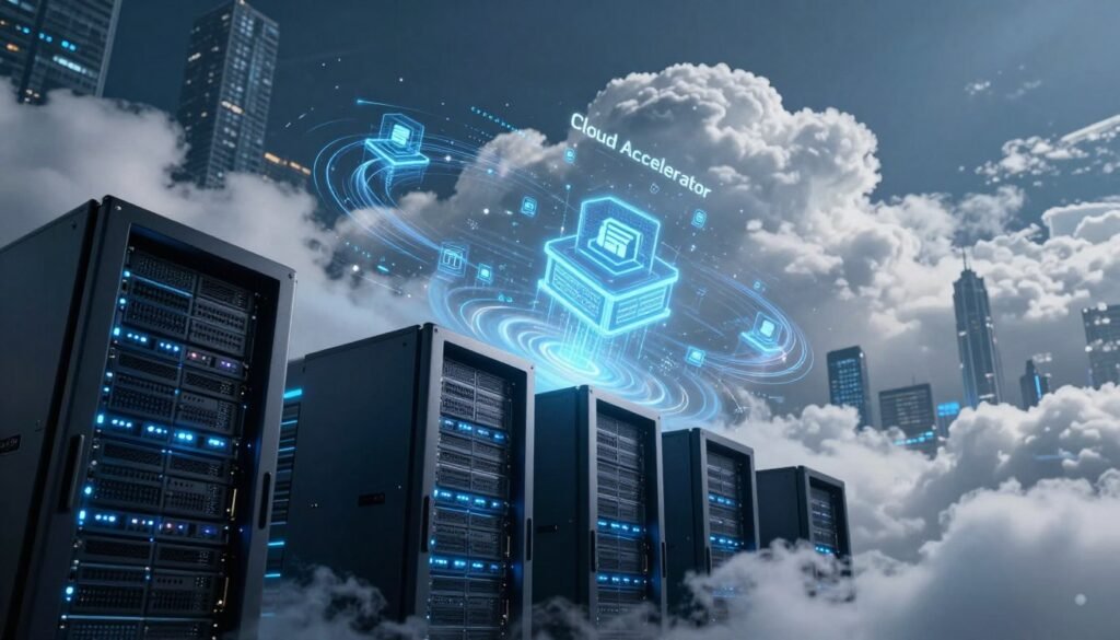 A futuristic cloud hosting data center scene, featuring sleek servers layered in the foreground with glowing LED lights, illustrating the concept of "Cloud Accelerator" technology. In the middle, include an abstract representation of caching mechanisms, such as digital cache icons and swirling data streams, to emphasize performance under pressure. The background should showcase fluffy, dynamic clouds intermingling with a digital skyline, symbolizing cloud computing. Utilize dramatic lighting that highlights the servers while casting gentle shadows, creating a sense of depth. The atmosphere should feel high-tech and energetic, conveying the promise of enhanced performance and reliability. The angle should be slightly tilted upward, enhancing the grandeur of the scene. A futuristic cloud hosting data center scene, featuring sleek servers layered in the foreground with glowing LED lights, illustrating the concept of "Cloud Accelerator" technology. In the middle, include an abstract representation of caching mechanisms, such as digital cache icons and swirling data streams, to emphasize performance under pressure. The background should showcase fluffy, dynamic clouds intermingling with a digital skyline, symbolizing cloud computing. Utilize dramatic lighting that highlights the servers while casting gentle shadows, creating a sense of depth. The atmosphere should feel high-tech and energetic, conveying the promise of enhanced performance and reliability. The angle should be slightly tilted upward, enhancing the grandeur of the scene.