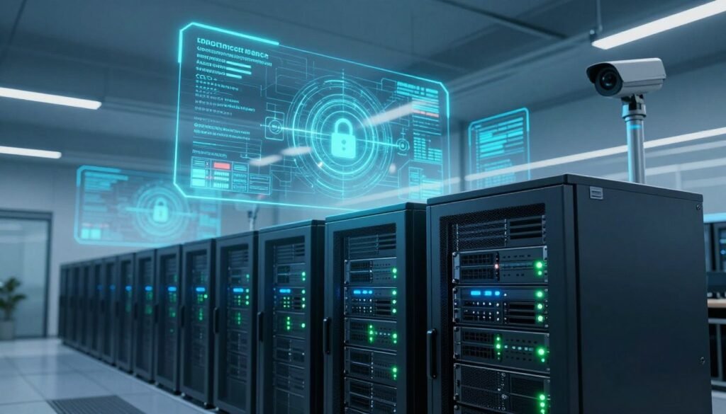 A futuristic data protection scene, featuring a secure server room in the foreground, with advanced servers and blinking LED lights. In the middle ground, holographic interfaces display encryption algorithms and data flow diagrams, illustrating the concept of data security. The background showcases high-tech security features like biometric scanners and surveillance cameras, emphasizing a corporate setting. Soft blue and green lighting creates a high-tech atmosphere, with a slight glow illuminating the data panels. Capture this with a wide-angle lens from a low angle, enhancing the imposing nature of the servers and security measures. The overall mood is one of safety, reliability, and technological innovation, reflecting the importance of data protection and server security. A futuristic data protection scene, featuring a secure server room in the foreground, with advanced servers and blinking LED lights. In the middle ground, holographic interfaces display encryption algorithms and data flow diagrams, illustrating the concept of data security. The background showcases high-tech security features like biometric scanners and surveillance cameras, emphasizing a corporate setting. Soft blue and green lighting creates a high-tech atmosphere, with a slight glow illuminating the data panels. Capture this with a wide-angle lens from a low angle, enhancing the imposing nature of the servers and security measures. The overall mood is one of safety, reliability, and technological innovation, reflecting the importance of data protection and server security.