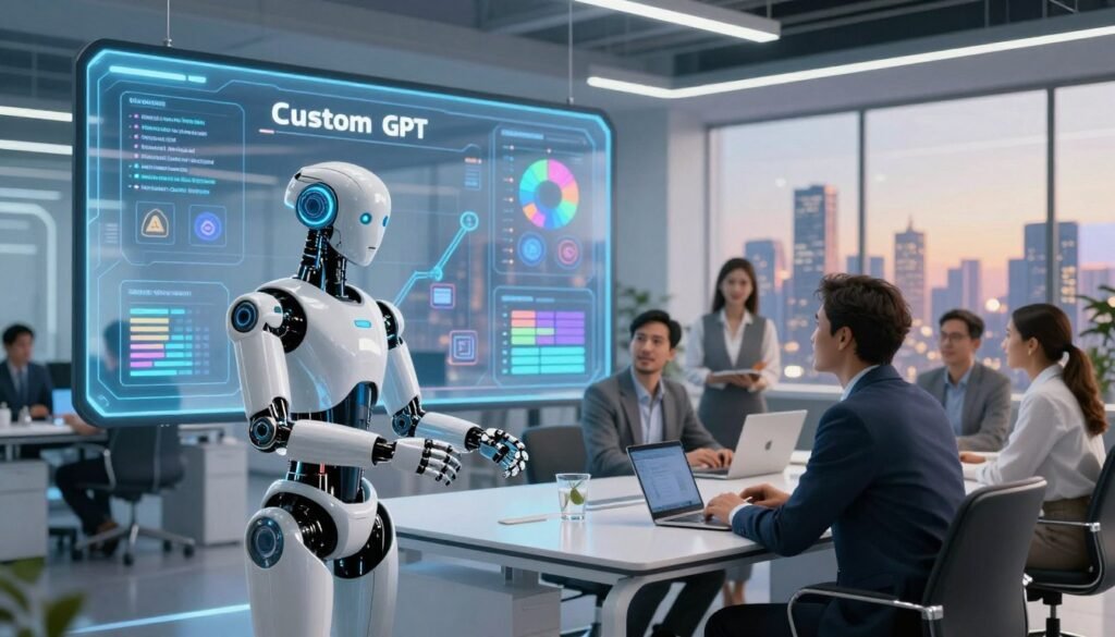A futuristic office environment showcasing a sleek, modern workspace designed for AI innovation. In the foreground, a highly detailed robotic assistant interacts with a diverse group of professionals—two men and a woman—dressed in smart business attire, engaged in a collaborative brainstorming session. The middle section reveals a large transparent screen displaying visual data and algorithms related to Custom GPT, with colorful graphs and AI-related icons. In the background, a panoramic view of a bustling city skyline, illuminated by soft, warm lighting, infuses an inspirational and optimistic mood. The image should capture a dynamic sense of collaboration and technological advancement, focusing on the themes of customization and productivity in AI applications. Use a wide-angle lens to enhance the workspace's openness and create depth in the composition. A futuristic office environment showcasing a sleek, modern workspace designed for AI innovation. In the foreground, a highly detailed robotic assistant interacts with a diverse group of professionals—two men and a woman—dressed in smart business attire, engaged in a collaborative brainstorming session. The middle section reveals a large transparent screen displaying visual data and algorithms related to Custom GPT, with colorful graphs and AI-related icons. In the background, a panoramic view of a bustling city skyline, illuminated by soft, warm lighting, infuses an inspirational and optimistic mood. The image should capture a dynamic sense of collaboration and technological advancement, focusing on the themes of customization and productivity in AI applications. Use a wide-angle lens to enhance the workspace's openness and create depth in the composition.
