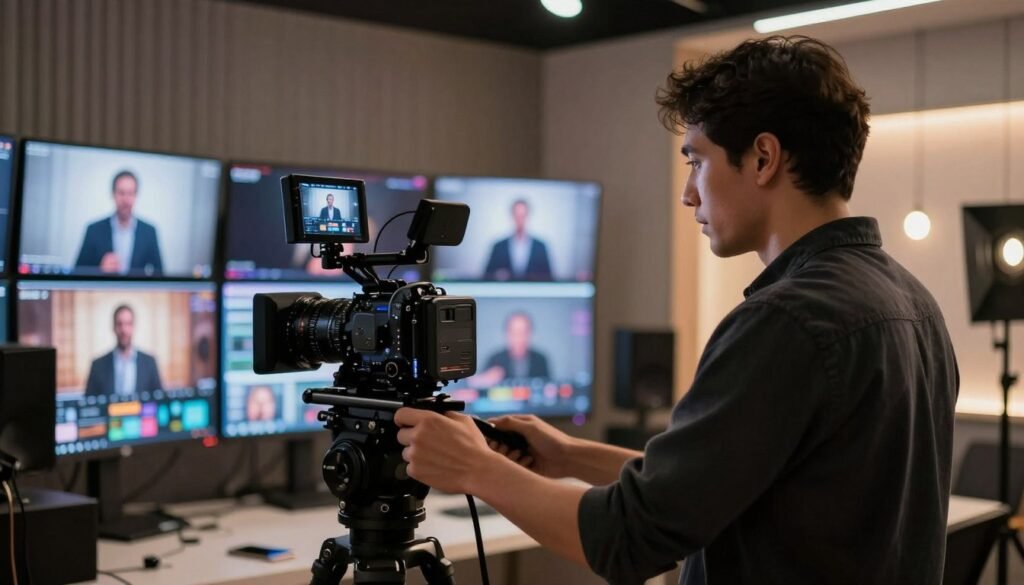 A high-definition scene showcasing a modern video production studio reflecting "Hollywood-quality." In the foreground, a professional filmmaker using a high-end camera, dressed in smart casual attire, focuses intently on capturing a dynamic speaker in a well-lit setting. In the middle ground, multiple LED screens display vibrant visuals and graphics, enhancing the immersive experience. The background features elegant soundproof panels and soft ambient lighting, creating a sophisticated atmosphere. The mood is energetic and inspiring, emphasizing the quality of the video content. Use soft, warm lighting to highlight the details, with a shallow depth of field to draw attention to the filmmaker and speaker while creating a bokeh effect with the lights in the background. Ideally captured from a slight angle to add depth to the scene.
