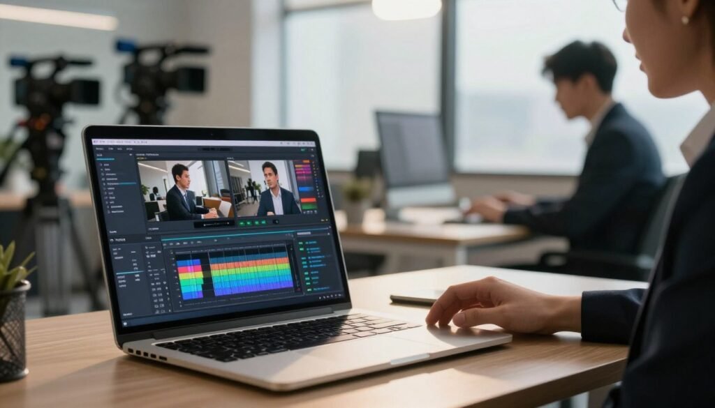 A high-resolution image depicting the concept of "video quality" in a professional context. In the foreground, a sleek laptop displaying vibrant video editing software with clear, crisp visuals and color grading options. The middle ground features a modern office setting with a well-lit workspace, including a stylish desk, professional business attire for a focused individual analyzing footage on the screen. The background includes blurred elements of a video production studio, such as cameras and lighting setups creating an atmosphere of creativity and professionalism. Soft, natural light streams through a window, enhancing the warm ambiance. The overall mood is inspirational and indicative of high standards in video production, ideal for commercial use. A high-resolution image depicting the concept of "video quality" in a professional context. In the foreground, a sleek laptop displaying vibrant video editing software with clear, crisp visuals and color grading options. The middle ground features a modern office setting with a well-lit workspace, including a stylish desk, professional business attire for a focused individual analyzing footage on the screen. The background includes blurred elements of a video production studio, such as cameras and lighting setups creating an atmosphere of creativity and professionalism. Soft, natural light streams through a window, enhancing the warm ambiance. The overall mood is inspirational and indicative of high standards in video production, ideal for commercial use.