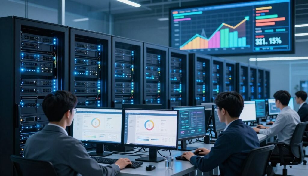 A high-tech data center filled with sleek servers and glowing LED lights, depicting the performance aspect of web hosting. In the foreground, a skilled IT technician in business attire monitors multiple screens showcasing real-time analytics on website speed and uptime. In the middle, rows of powerful servers hum with energy, their lights flickering in a harmonious rhythm, symbolizing reliability and speed. The background features a large digital display board with vibrant graphs illustrating high uptime percentages and fast loading times. The lighting is cool and futuristic, with a blue hue emanating from the servers, creating an atmosphere of efficiency and innovation. The composition conveys a sense of reliability in web hosting performance. A high-tech data center filled with sleek servers and glowing LED lights, depicting the performance aspect of web hosting. In the foreground, a skilled IT technician in business attire monitors multiple screens showcasing real-time analytics on website speed and uptime. In the middle, rows of powerful servers hum with energy, their lights flickering in a harmonious rhythm, symbolizing reliability and speed. The background features a large digital display board with vibrant graphs illustrating high uptime percentages and fast loading times. The lighting is cool and futuristic, with a blue hue emanating from the servers, creating an atmosphere of efficiency and innovation. The composition conveys a sense of reliability in web hosting performance.