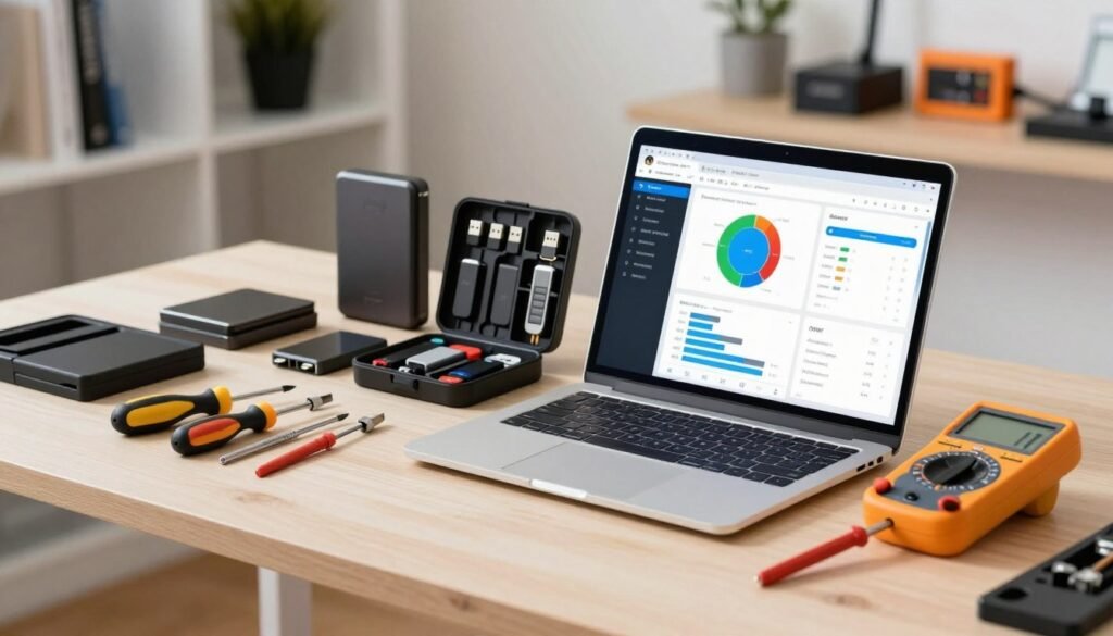 A meticulously arranged workbench displaying a variety of high-quality tools used for WordPress performance optimization and management. In the foreground, focus on a sleek, modern laptop showcasing a performance dashboard, surrounded by a set of precision screwdrivers, a digital multimeter, and an array of measuring tools. In the middle ground, include various hardware components like external hard drives and USB flash drives neatly organized in their cases. The background should feature a well-lit workspace with shelves holding reference books on web management and tools. The lighting is bright and soft, creating a professional, inspiring atmosphere that conveys reliability and efficiency. A shallow depth of field emphasizes the tools while softly blurring the background for depth. A meticulously arranged workbench displaying a variety of high-quality tools used for WordPress performance optimization and management. In the foreground, focus on a sleek, modern laptop showcasing a performance dashboard, surrounded by a set of precision screwdrivers, a digital multimeter, and an array of measuring tools. In the middle ground, include various hardware components like external hard drives and USB flash drives neatly organized in their cases. The background should feature a well-lit workspace with shelves holding reference books on web management and tools. The lighting is bright and soft, creating a professional, inspiring atmosphere that conveys reliability and efficiency. A shallow depth of field emphasizes the tools while softly blurring the background for depth.