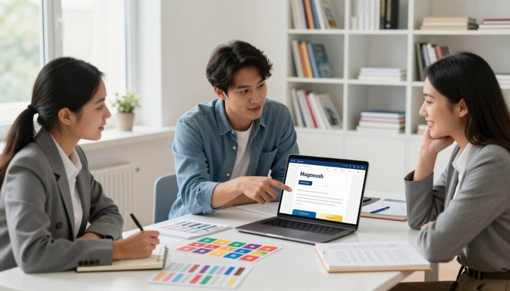 A modern and visually appealing workspace designed for online learning, featuring a sleek desk with a laptop open to the Magoosh website. In the foreground, a diverse group of three students, two women and one man, dressed in professional business attire, are engaged in discussion and reviewing study materials. The woman on the left is taking notes, while the man in the center points at the laptop screen, and the woman on the right smiles, adding her thoughts. In the middle ground, there are colorful study aids like flashcards and textbooks related to standardized test preparation. The background shows a bright, well-lit room with bookshelves filled with educational resources and a large window framing a sunny day. The mood is collaborative and focused, emphasizing a supportive learning environment. A modern and visually appealing workspace designed for online learning, featuring a sleek desk with a laptop open to the Magoosh website. In the foreground, a diverse group of three students, two women and one man, dressed in professional business attire, are engaged in discussion and reviewing study materials. The woman on the left is taking notes, while the man in the center points at the laptop screen, and the woman on the right smiles, adding her thoughts. In the middle ground, there are colorful study aids like flashcards and textbooks related to standardized test preparation. The background shows a bright, well-lit room with bookshelves filled with educational resources and a large window framing a sunny day. The mood is collaborative and focused, emphasizing a supportive learning environment.
