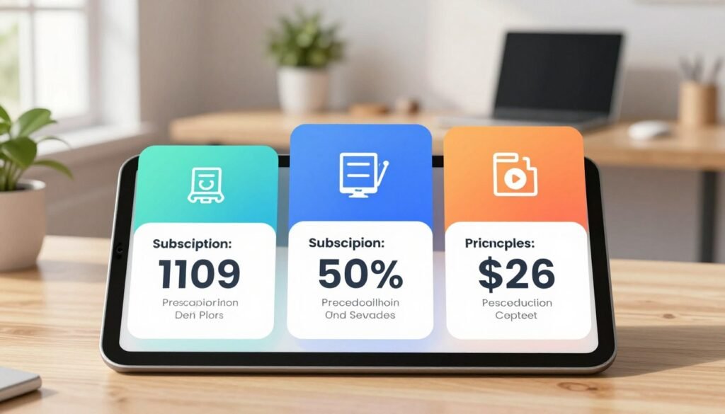 A modern, clean illustration of a subscription pricing plan. In the foreground, a sleek digital tablet displays three distinct subscription options, each labeled with pricing and features. The middle layer features vibrant cards representing different pricing tiers, elegantly arranged with icons symbolizing additional devices and services included. In the background, a softly blurred workspace with a wooden desk, a laptop, and a potted plant creates an inviting atmosphere. Soft, natural light streams in from a window, casting gentle shadows. The mood is professional and focused, conveying productivity and efficiency in a balanced, harmonious composition, suitable for an article about improving work efficiency without any text or logos intruding on the visual harmony. A modern, clean illustration of a subscription pricing plan. In the foreground, a sleek digital tablet displays three distinct subscription options, each labeled with pricing and features. The middle layer features vibrant cards representing different pricing tiers, elegantly arranged with icons symbolizing additional devices and services included. In the background, a softly blurred workspace with a wooden desk, a laptop, and a potted plant creates an inviting atmosphere. Soft, natural light streams in from a window, casting gentle shadows. The mood is professional and focused, conveying productivity and efficiency in a balanced, harmonious composition, suitable for an article about improving work efficiency without any text or logos intruding on the visual harmony.