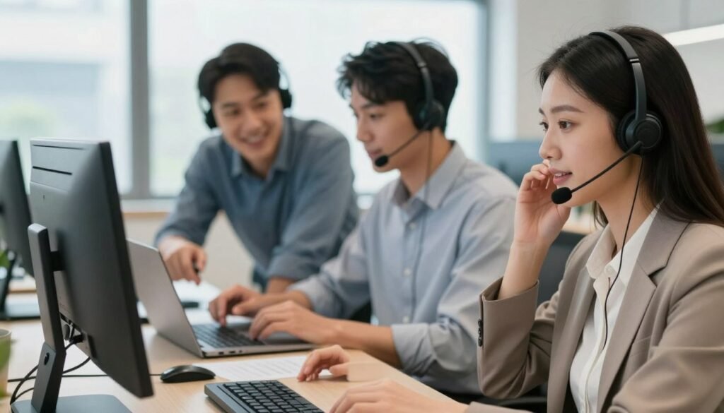 A modern customer support center, showcasing a diverse team of professionals in business attire collaborating over computers. In the foreground, a focused woman is speaking on a headset, her expression attentive and helpful. In the middle ground, two colleagues are discussing a laptop screen, pointing at insights while exchanging friendly smiles. The background features a bright and airy office space with large windows, allowing soft natural light to filter in, enhancing the atmosphere of efficiency and warmth. The overall mood is supportive and productive, emphasizing teamwork and the high-quality service environment Kinsta aims to provide. The composition should evoke a sense of community and reliability, with a shallow depth of field drawing attention to the engaged staff. A modern customer support center, showcasing a diverse team of professionals in business attire collaborating over computers. In the foreground, a focused woman is speaking on a headset, her expression attentive and helpful. In the middle ground, two colleagues are discussing a laptop screen, pointing at insights while exchanging friendly smiles. The background features a bright and airy office space with large windows, allowing soft natural light to filter in, enhancing the atmosphere of efficiency and warmth. The overall mood is supportive and productive, emphasizing teamwork and the high-quality service environment Kinsta aims to provide. The composition should evoke a sense of community and reliability, with a shallow depth of field drawing attention to the engaged staff.
