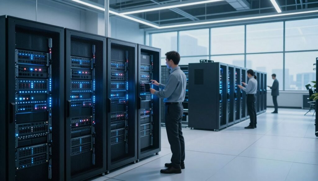 A modern data center interior, featuring rows of high-performance servers with blinking lights, in a spacious, well-lit environment. In the foreground, a technician in professional business attire inspects one of the server racks, demonstrating careful attention to detail. The middle ground showcases a variety of servers and networking equipment organized neatly, with prominent cooling systems along the aisles. The background reveals large, sleek windows allowing natural light to flood in, complemented by a blue color palette that conveys a sense of technology and efficiency. Soft shadows add depth while maintaining a clean, high-tech atmosphere, focusing on the importance of selecting optimal server locations for U.S. audiences. A modern data center interior, featuring rows of high-performance servers with blinking lights, in a spacious, well-lit environment. In the foreground, a technician in professional business attire inspects one of the server racks, demonstrating careful attention to detail. The middle ground showcases a variety of servers and networking equipment organized neatly, with prominent cooling systems along the aisles. The background reveals large, sleek windows allowing natural light to flood in, complemented by a blue color palette that conveys a sense of technology and efficiency. Soft shadows add depth while maintaining a clean, high-tech atmosphere, focusing on the importance of selecting optimal server locations for U.S. audiences.