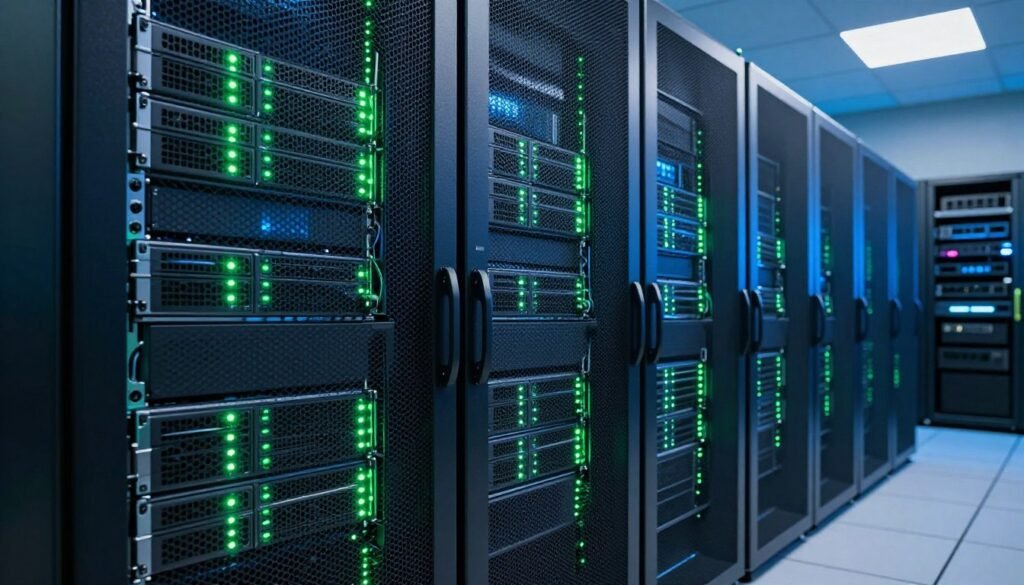 A modern data center showcasing a row of sleek ThunderStack servers in an organized environment. In the foreground, focus on the intricately designed server racks with glowing LED indicators. In the middle ground, visualize a cool ambient lighting setup that highlights the technology, casting subtle reflections on the polished surfaces. The background features blurred out components like network switches and storage systems, creating depth. Incorporate a vibrant blue and green color palette to evoke a sense of advanced technology. The overall atmosphere is energetic and futuristic, suggesting high performance and reliability in cloud solutions. Use a wide-angle lens effect to capture the expansiveness of the data center while maintaining details in the servers. A modern data center showcasing a row of sleek ThunderStack servers in an organized environment. In the foreground, focus on the intricately designed server racks with glowing LED indicators. In the middle ground, visualize a cool ambient lighting setup that highlights the technology, casting subtle reflections on the polished surfaces. The background features blurred out components like network switches and storage systems, creating depth. Incorporate a vibrant blue and green color palette to evoke a sense of advanced technology. The overall atmosphere is energetic and futuristic, suggesting high performance and reliability in cloud solutions. Use a wide-angle lens effect to capture the expansiveness of the data center while maintaining details in the servers.