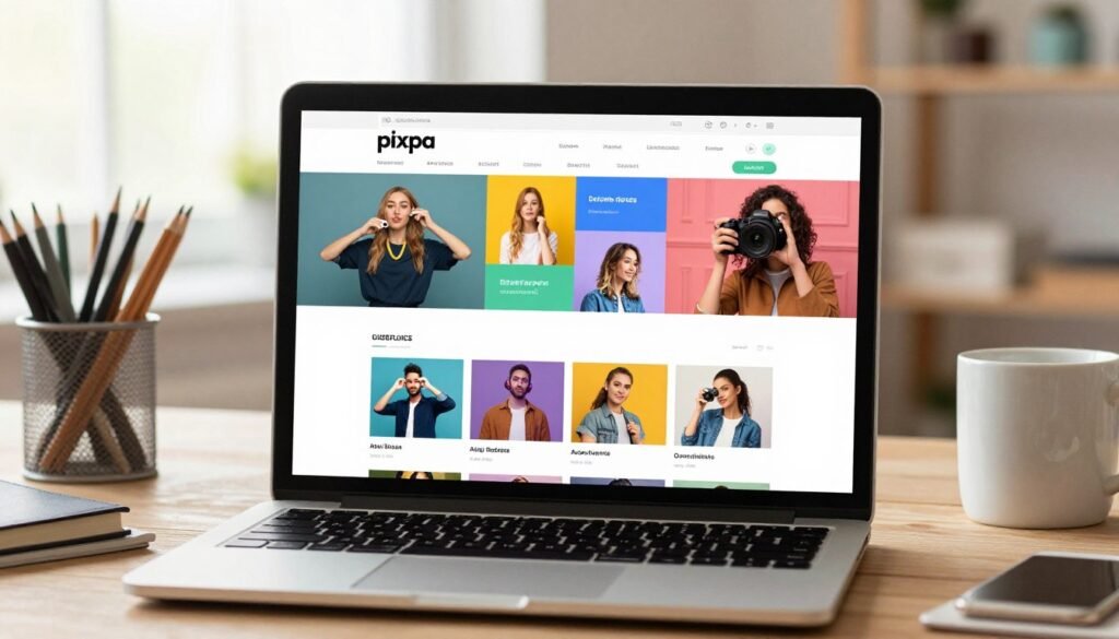 A modern digital interface showcasing Pixpa, designed for artists, designers, and photographers. In the foreground, a sleek laptop displaying the Pixpa website, emphasizing an intuitive, user-friendly layout filled with vibrant portfolio samples. The middle layer features a soft-focus desktop environment, including art supplies and a stylish coffee mug, adding a creative touch. The background hints at a bright, airy workspace with large windows, allowing natural light to pour in and enhancing the atmosphere of productivity and creativity. The lighting is warm and inviting, reflecting a contemporary design. Capture the mood as inspirational and professional, inviting users to explore Pixpa's unique offerings. A modern digital interface showcasing Pixpa, designed for artists, designers, and photographers. In the foreground, a sleek laptop displaying the Pixpa website, emphasizing an intuitive, user-friendly layout filled with vibrant portfolio samples. The middle layer features a soft-focus desktop environment, including art supplies and a stylish coffee mug, adding a creative touch. The background hints at a bright, airy workspace with large windows, allowing natural light to pour in and enhancing the atmosphere of productivity and creativity. The lighting is warm and inviting, reflecting a contemporary design. Capture the mood as inspirational and professional, inviting users to explore Pixpa's unique offerings.
