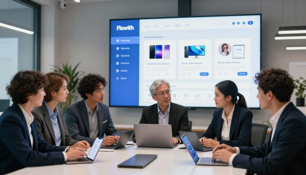 A modern digital marketplace scene showcasing the vibrant platform Flowith. In the foreground, a diverse group of professional individuals dressed in smart business attire enthusiastically discussing a variety of sleek electronic devices and mobile applications related to the platform's offerings. The middle ground features a large, interactive touchscreen displaying Flowith's user interface, highlighting its features such as product comparisons, customer reviews, and personalized recommendations. The background captures a stylish, well-lit tech office environment with soft, diffused lighting, creating a welcoming atmosphere. The composition conveys a sense of collaboration and innovation, emphasizing how Flowith’s platform enhances decision-making for purchases. A modern digital marketplace scene showcasing the vibrant platform Flowith. In the foreground, a diverse group of professional individuals dressed in smart business attire enthusiastically discussing a variety of sleek electronic devices and mobile applications related to the platform's offerings. The middle ground features a large, interactive touchscreen displaying Flowith's user interface, highlighting its features such as product comparisons, customer reviews, and personalized recommendations. The background captures a stylish, well-lit tech office environment with soft, diffused lighting, creating a welcoming atmosphere. The composition conveys a sense of collaboration and innovation, emphasizing how Flowith’s platform enhances decision-making for purchases.