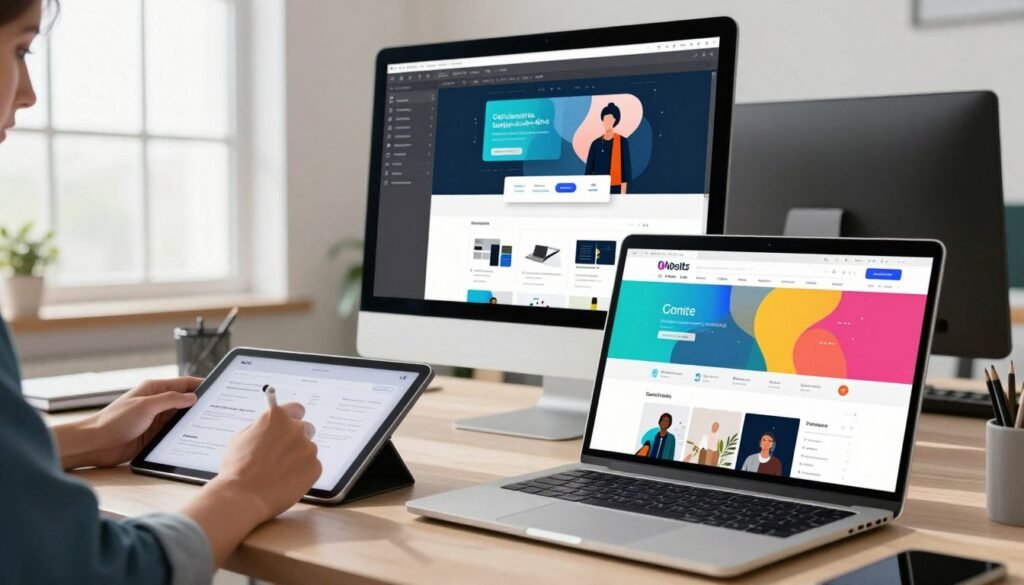A modern digital workspace showcasing advanced website design tools. In the foreground, a sleek laptop displays a vibrant, user-friendly website interface with diverse templates and customizable features. To the left, a professional designer in smart casual attire is using a stylus on a tablet, focused on creating responsive layouts for mobile and desktop screens. The middle ground features a large monitor with a split view of a website in various device formats, emphasizing versatility. The background is a bright, airy office with large windows letting in natural light, casting soft shadows. Overall, the mood is innovative and collaborative, highlighting creativity and efficiency in modern web design. A modern digital workspace showcasing advanced website design tools. In the foreground, a sleek laptop displays a vibrant, user-friendly website interface with diverse templates and customizable features. To the left, a professional designer in smart casual attire is using a stylus on a tablet, focused on creating responsive layouts for mobile and desktop screens. The middle ground features a large monitor with a split view of a website in various device formats, emphasizing versatility. The background is a bright, airy office with large windows letting in natural light, casting soft shadows. Overall, the mood is innovative and collaborative, highlighting creativity and efficiency in modern web design.