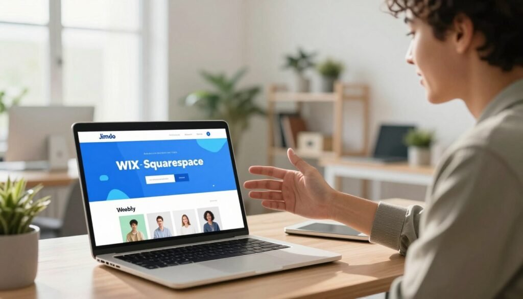 A modern digital workspace showcasing website builders in action. In the foreground, a sleek laptop displays vibrant website templates from Jimdo, Wix, Squarespace, Weebly, and Shopify, with diverse examples seamlessly blended. In the middle, a professional-looking individual in smart casual attire is actively engaged, gesturing towards the screen, with a thoughtful expression. The background features a bright, airy office space with minimalistic decor, large windows allowing natural sunlight to flood in, creating a warm and inviting atmosphere. Soft focus on plants and a bookshelf to enhance productivity vibes. The composition should convey a sense of creativity, collaboration, and innovation, perfect for anyone interested in building a professional website. A modern digital workspace showcasing website builders in action. In the foreground, a sleek laptop displays vibrant website templates from Jimdo, Wix, Squarespace, Weebly, and Shopify, with diverse examples seamlessly blended. In the middle, a professional-looking individual in smart casual attire is actively engaged, gesturing towards the screen, with a thoughtful expression. The background features a bright, airy office space with minimalistic decor, large windows allowing natural sunlight to flood in, creating a warm and inviting atmosphere. Soft focus on plants and a bookshelf to enhance productivity vibes. The composition should convey a sense of creativity, collaboration, and innovation, perfect for anyone interested in building a professional website.