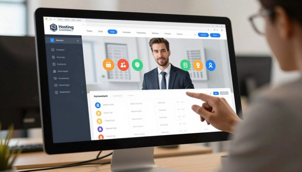 A modern hosting control panel interface displayed on a sleek, high-resolution computer monitor. The foreground features a detailed view of the dashboard with intuitive icons representing server management, website analytics, and user accounts in vibrant colors. In the middle, a professional figure in business attire, focused on the screen, is seen using the control panel, exuding expertise and confidence. In the background, a lightly blurred office environment, with warm, soft lighting that conveys a productive atmosphere. The image is framed from a slightly elevated angle, highlighting both the control panel and the user, emphasizing the advanced technology and ease of use for businesses. A modern hosting control panel interface displayed on a sleek, high-resolution computer monitor. The foreground features a detailed view of the dashboard with intuitive icons representing server management, website analytics, and user accounts in vibrant colors. In the middle, a professional figure in business attire, focused on the screen, is seen using the control panel, exuding expertise and confidence. In the background, a lightly blurred office environment, with warm, soft lighting that conveys a productive atmosphere. The image is framed from a slightly elevated angle, highlighting both the control panel and the user, emphasizing the advanced technology and ease of use for businesses.