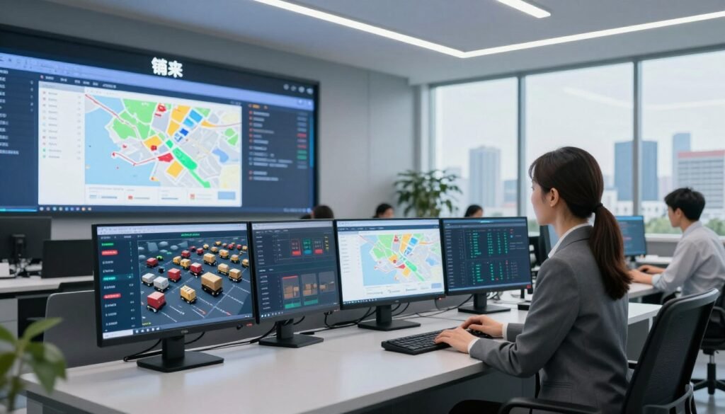 A modern logistics control room showcasing a high-tech "tracking" system. In the foreground, a professional woman in business attire is analyzing a large digital screen displaying real-time shipment tracking data, with colorful maps and graphs. The middle ground features multiple monitors with live updates of delivery statuses and alerts, reflecting a busy but organized environment. In the background, a city skyline can be seen through a large window, bathed in natural daylight, creating a bright and optimistic atmosphere. The scene is illuminated by soft white LED lights, enhancing the technology-focused mood. The composition captures the essence of transparency and risk management in shipping logistics, emphasizing the importance of tracking in operations.
