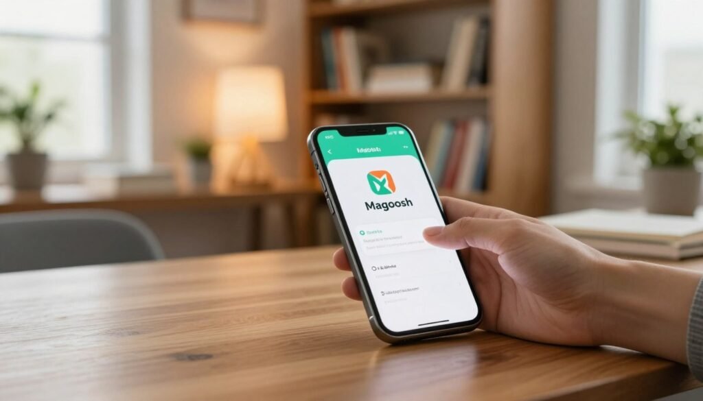 A modern mobile phone displaying the Magoosh app on its screen, sitting on a sleek wooden desk. The foreground features a hand reaching out to interact with the app, encapsulating the user experience. In the middle ground, a cozy study space with warm ambient lighting, stylish bookshelves filled with educational materials and a potted plant adds a touch of freshness. The background shows a softly blurred view of a window with bright daylight streaming in, hinting at a productive atmosphere. The scene conveys a sense of focus and convenience, perfect for studying anytime, anywhere, suggesting a harmonious balance between technology and learning. The overall mood is inspiring and inviting, encouraging users to embrace the study experience. A modern mobile phone displaying the Magoosh app on its screen, sitting on a sleek wooden desk. The foreground features a hand reaching out to interact with the app, encapsulating the user experience. In the middle ground, a cozy study space with warm ambient lighting, stylish bookshelves filled with educational materials and a potted plant adds a touch of freshness. The background shows a softly blurred view of a window with bright daylight streaming in, hinting at a productive atmosphere. The scene conveys a sense of focus and convenience, perfect for studying anytime, anywhere, suggesting a harmonious balance between technology and learning. The overall mood is inspiring and inviting, encouraging users to embrace the study experience.
