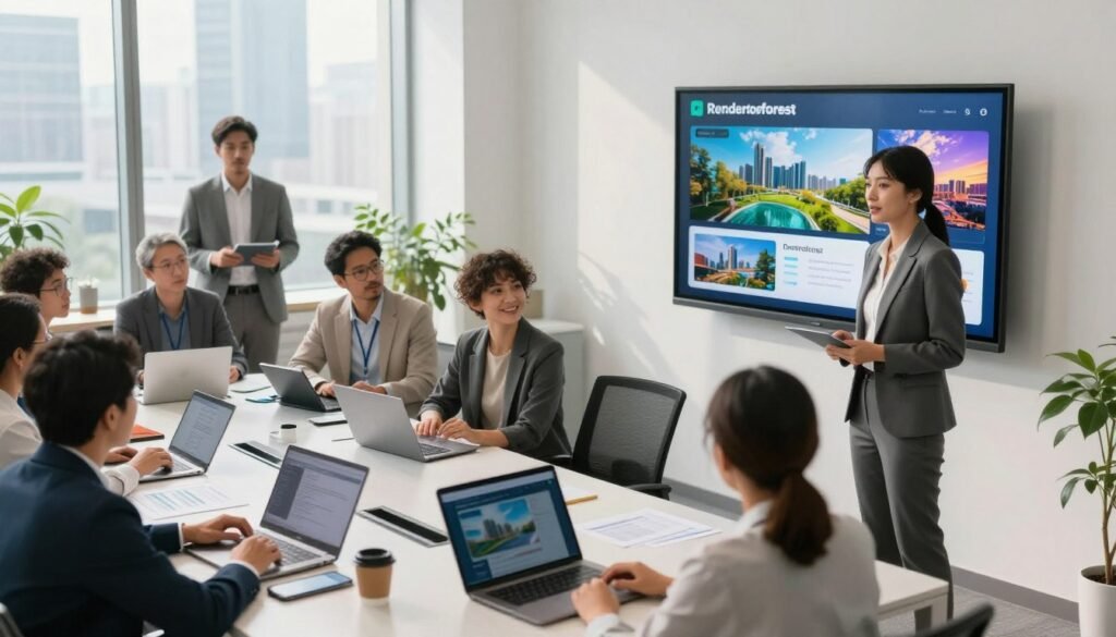 A modern office environment bustling with activity, featuring a diverse group of professionals collaborating around a sleek conference table. In the foreground, a confident woman in a tailored business suit presents on a large screen, showcasing a vibrant Renderforest video template. The middle ground captures engaged colleagues reviewing materials, surrounded by laptops and tablets, emphasizing digital solutions. In the background, large windows allow natural light to flood the room, highlighting a cityscape that symbolizes growth and opportunity. The mood is dynamic and innovative, conveying a sense of productivity and professionalism. Soft shadowing enhances depth, and the composition uses a slight overhead angle to encapsulate the energy of a forward-thinking business environment. A modern office environment bustling with activity, featuring a diverse group of professionals collaborating around a sleek conference table. In the foreground, a confident woman in a tailored business suit presents on a large screen, showcasing a vibrant Renderforest video template. The middle ground captures engaged colleagues reviewing materials, surrounded by laptops and tablets, emphasizing digital solutions. In the background, large windows allow natural light to flood the room, highlighting a cityscape that symbolizes growth and opportunity. The mood is dynamic and innovative, conveying a sense of productivity and professionalism. Soft shadowing enhances depth, and the composition uses a slight overhead angle to encapsulate the energy of a forward-thinking business environment.