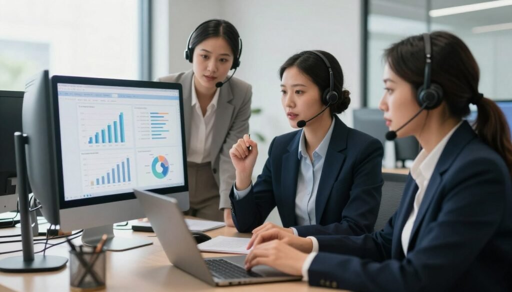 A modern office environment infused with a sense of professionalism and support. In the foreground, a diverse group of three customer support representatives, dressed in smart business attire, are engaged in a collaborative discussion around a sleek, high-tech workstation. They exhibit expressions of focus and determination, showcasing their commitment to assisting clients. In the middle ground, a large computer screen displays charts and stats related to customer response times, emphasizing efficiency and quick support. The background features a well-lit office space with soft natural lighting coming through large windows, enhancing the atmosphere of readiness and professionalism. The overall mood is one of teamwork, dependability, and responsiveness, visually encapsulating the essence of support services. A modern office environment infused with a sense of professionalism and support. In the foreground, a diverse group of three customer support representatives, dressed in smart business attire, are engaged in a collaborative discussion around a sleek, high-tech workstation. They exhibit expressions of focus and determination, showcasing their commitment to assisting clients. In the middle ground, a large computer screen displays charts and stats related to customer response times, emphasizing efficiency and quick support. The background features a well-lit office space with soft natural lighting coming through large windows, enhancing the atmosphere of readiness and professionalism. The overall mood is one of teamwork, dependability, and responsiveness, visually encapsulating the essence of support services.