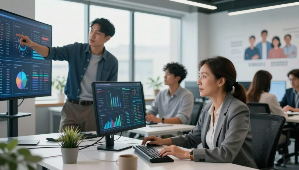 A modern office environment showcasing a diverse team of professionals collaborating around a high-tech control dashboard. In the foreground, a middle-aged woman in business attire analyzes data on a sleek monitor, her expression focused and engaged. To the left, a young man gestures towards a digital report displayed on a large screen, promoting teamwork and open communication. In the background, bright natural light filters through large windows, enhancing the atmosphere of transparency and support. The walls are adorned with motivational graphics emphasizing teamwork and assistance. The overall mood conveys a sense of empowerment and cooperation, reflecting a supportive work culture in a tech-driven setting. A modern office environment showcasing a diverse team of professionals collaborating around a high-tech control dashboard. In the foreground, a middle-aged woman in business attire analyzes data on a sleek monitor, her expression focused and engaged. To the left, a young man gestures towards a digital report displayed on a large screen, promoting teamwork and open communication. In the background, bright natural light filters through large windows, enhancing the atmosphere of transparency and support. The walls are adorned with motivational graphics emphasizing teamwork and assistance. The overall mood conveys a sense of empowerment and cooperation, reflecting a supportive work culture in a tech-driven setting.