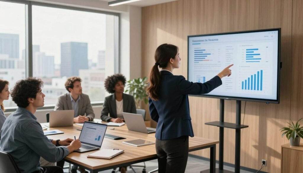 A modern office environment showcasing a team of diverse professionals discussing data analytics on a large screen. In the foreground, a focused young woman in a smart business suit points at key metrics related to residential proxies, while a middle-aged man in a business casual outfit takes notes. The middle ground features a stylish conference table with laptops and notepads, and the background reveals floor-to-ceiling windows with a city skyline view. Soft, natural lighting streams in, creating a warm and productive atmosphere. The angle is slightly elevated to capture both the engaging discussion and the contemporary decor, emphasizing collaboration in data management and business strategy.