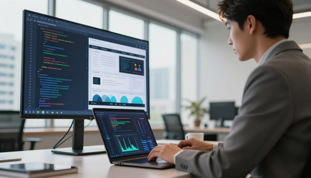 A modern office environment showcasing a web scraping concept. In the foreground, a professional person wearing business attire, intently working on a laptop with a high-tech interface displaying data streams and graphs. The middle ground features a large digital screen with flowing code and web pages, illustrating the process of data extraction. The background has a bright, well-lit office with large windows, creating a vibrant atmosphere, while skyscrapers can be seen outside, symbolizing the business world. Soft, warm lighting enhances the focus on the subject, conveying a sense of innovation and professionalism. The angle is slightly tilted upward, giving a dynamic perspective to the scene. A modern office environment showcasing a web scraping concept. In the foreground, a professional person wearing business attire, intently working on a laptop with a high-tech interface displaying data streams and graphs. The middle ground features a large digital screen with flowing code and web pages, illustrating the process of data extraction. The background has a bright, well-lit office with large windows, creating a vibrant atmosphere, while skyscrapers can be seen outside, symbolizing the business world. Soft, warm lighting enhances the focus on the subject, conveying a sense of innovation and professionalism. The angle is slightly tilted upward, giving a dynamic perspective to the scene.