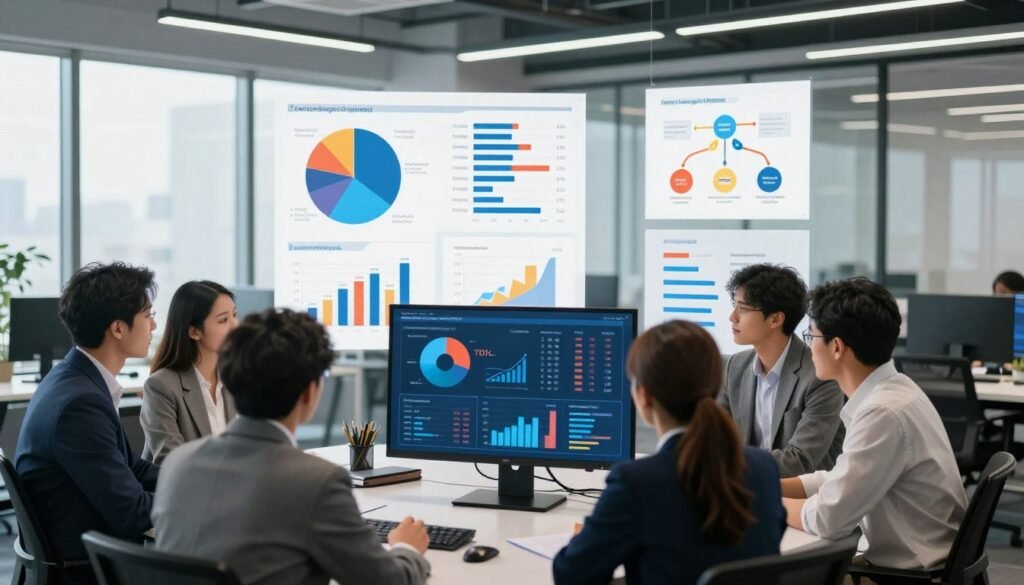 A modern office environment showcasing data analysis. In the foreground, a diverse group of professionals in business attire intensely discusses insights from colorful graphs and charts on a digital screen. In the middle, various data visualization elements like pie charts, bar graphs, and flow diagrams float, conveying information clarity. The background features a sleek, contemporary workspace with large windows allowing soft, natural light to illuminate the scene, enhancing the mood of focus and collaboration. The ambiance is vibrant yet professional, evoking a sense of urgency and innovation in extracting insights from survey responses and results. The image captures the essence of data-driven decision-making in a corporate setting. A modern office environment showcasing data analysis. In the foreground, a diverse group of professionals in business attire intensely discusses insights from colorful graphs and charts on a digital screen. In the middle, various data visualization elements like pie charts, bar graphs, and flow diagrams float, conveying information clarity. The background features a sleek, contemporary workspace with large windows allowing soft, natural light to illuminate the scene, enhancing the mood of focus and collaboration. The ambiance is vibrant yet professional, evoking a sense of urgency and innovation in extracting insights from survey responses and results. The image captures the essence of data-driven decision-making in a corporate setting.