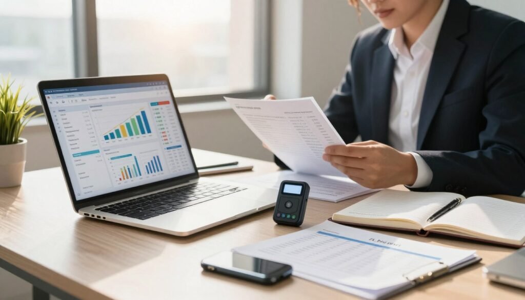 A modern office environment with a focus on digital organization and finance management. In the foreground, a sleek desk featuring a laptop displaying a finance tracking dashboard filled with colorful graphs and data. Scattered around the desk are physical trackers, such as notepads and digital devices, showcasing monthly plans and categories for expenses. In the middle ground, a person in professional business attire is reviewing the trackers with a focused expression, emphasizing diligence and productivity. The background features a large window with sunlight pouring in, creating a bright and inspiring atmosphere. The lighting is warm and inviting, highlighting a sense of order and stability. The overall mood conveys professionalism and efficiency, ideal for financial stability. A modern office environment with a focus on digital organization and finance management. In the foreground, a sleek desk featuring a laptop displaying a finance tracking dashboard filled with colorful graphs and data. Scattered around the desk are physical trackers, such as notepads and digital devices, showcasing monthly plans and categories for expenses. In the middle ground, a person in professional business attire is reviewing the trackers with a focused expression, emphasizing diligence and productivity. The background features a large window with sunlight pouring in, creating a bright and inspiring atmosphere. The lighting is warm and inviting, highlighting a sense of order and stability. The overall mood conveys professionalism and efficiency, ideal for financial stability.