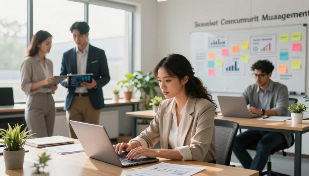 A modern office illuminated by natural light streaming through large windows, showcasing a team of diverse professionals engaged in social listening strategies. In the foreground, a focused woman in smart casual attire is analyzing data on a laptop, her face illuminated by the screen's glow. Nearby, a man in a business suit reviews graphs on a digital tablet, conveying a sense of collaboration. In the middle ground, whiteboards filled with colorful notes and diagrams depict concepts like social listening and competitor analysis. The background features a wall with inspirational quotes about community management, surrounded by potted plants that enhance the workspace atmosphere. The overall mood is dynamic and innovative, capturing the essence of teamwork in social media strategy. A modern office illuminated by natural light streaming through large windows, showcasing a team of diverse professionals engaged in social listening strategies. In the foreground, a focused woman in smart casual attire is analyzing data on a laptop, her face illuminated by the screen's glow. Nearby, a man in a business suit reviews graphs on a digital tablet, conveying a sense of collaboration. In the middle ground, whiteboards filled with colorful notes and diagrams depict concepts like social listening and competitor analysis. The background features a wall with inspirational quotes about community management, surrounded by potted plants that enhance the workspace atmosphere. The overall mood is dynamic and innovative, capturing the essence of teamwork in social media strategy.