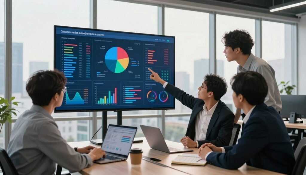 A modern office setting that embodies the theme of analytics, featuring a large digital screen displaying vibrant data visualizations, charts, and graphs in various colors. In the foreground, a diverse group of three professionals is engaged in discussion, dressed in smart business attire, pointing at the screen with interest and enthusiasm. The middle ground includes a sleek desk with laptops, notepads, and coffee cups, emphasizing a productive work environment. The background showcases floor-to-ceiling windows revealing a bustling cityscape bathed in soft, natural light, creating a positive and energetic atmosphere. Use a wide-angle lens to capture the depth of the space, ensuring the light is warm and inviting, highlighting the collaboration and innovation in the company's approach to customer service analytics.