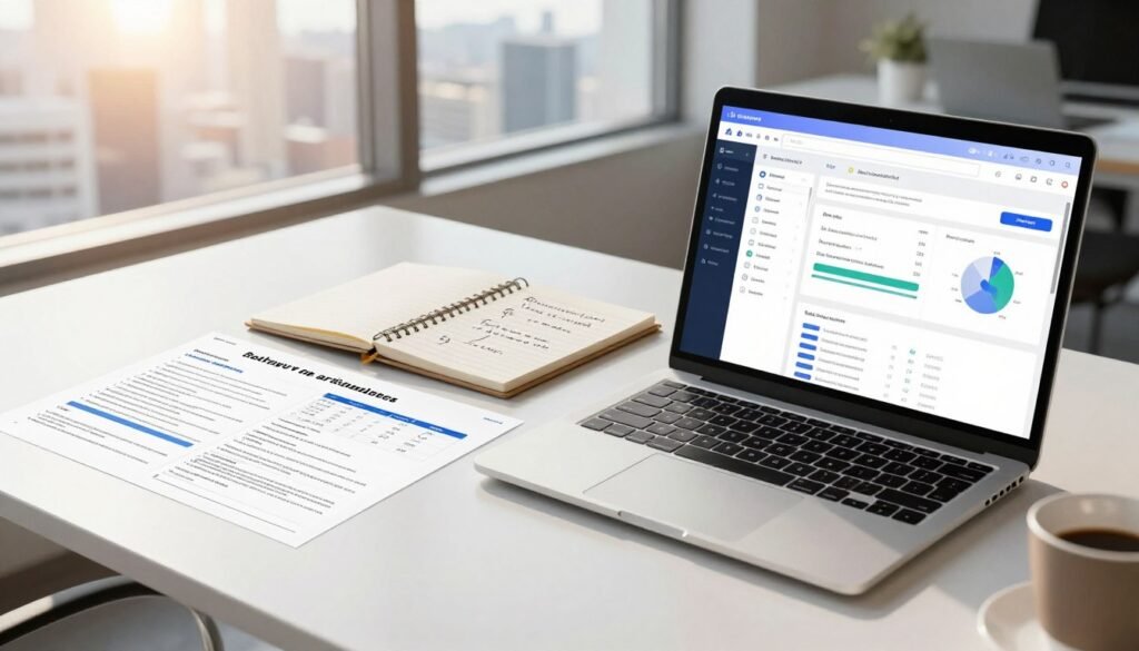 A modern office setting with a sleek desk featuring various survey templates laid out. In the foreground, a laptop displays a vibrant dashboard of online survey creation tools, showcasing intuitive interface elements and graphs. The middle section includes a stylish notepad with handwritten notes about survey strategies and a coffee cup. In the background, a large window offers a view of a cityscape, with soft sunlight streaming in, creating a warm and inviting atmosphere. The elements should convey a sense of professionalism and productivity. The lighting is bright and cheerful, emphasizing a workspace that inspires creativity. The composition should focus on clarity and organization, reflecting the efficiency of creating surveys and forms using templates and AI. A modern office setting with a sleek desk featuring various survey templates laid out. In the foreground, a laptop displays a vibrant dashboard of online survey creation tools, showcasing intuitive interface elements and graphs. The middle section includes a stylish notepad with handwritten notes about survey strategies and a coffee cup. In the background, a large window offers a view of a cityscape, with soft sunlight streaming in, creating a warm and inviting atmosphere. The elements should convey a sense of professionalism and productivity. The lighting is bright and cheerful, emphasizing a workspace that inspires creativity. The composition should focus on clarity and organization, reflecting the efficiency of creating surveys and forms using templates and AI.