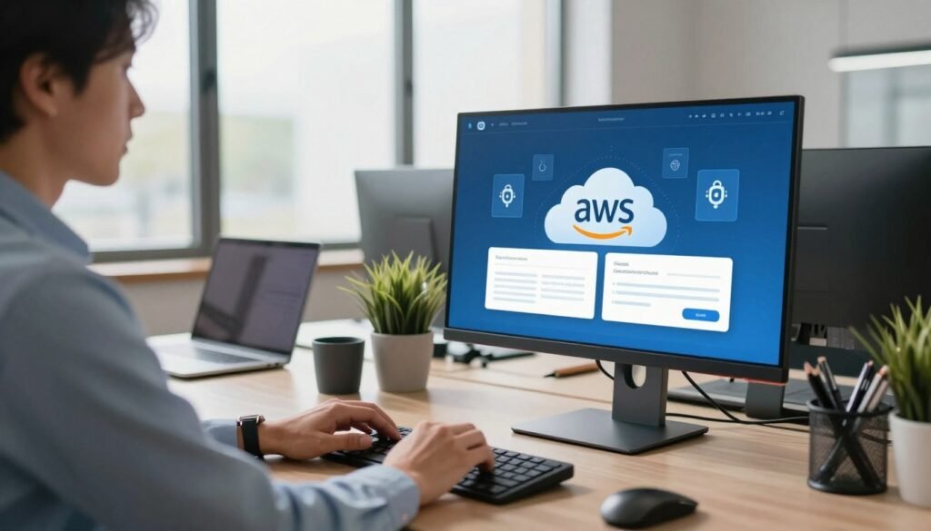 A modern office workspace showcasing AWS hosting on a sleek computer monitor. In the foreground, a professional person in business attire is interacting with the screen, showing graphs and cloud service icons, conveying efficiency. The middle section features a well-organized desk with tech gadgets, a laptop, and a potted plant, emphasizing a productive atmosphere. The background includes large windows with natural light streaming in, illuminating the space and creating a warm ambiance. The color scheme is a blend of blue and white, symbolizing trust and professionalism. The image should reflect a sense of security and innovation, with subtle representations of SSL encryption and automatic updates integrated into the scene. Overall, it conveys a modern, secure digital environment focused on seamless web hosting solutions. A modern office workspace showcasing AWS hosting on a sleek computer monitor. In the foreground, a professional person in business attire is interacting with the screen, showing graphs and cloud service icons, conveying efficiency. The middle section features a well-organized desk with tech gadgets, a laptop, and a potted plant, emphasizing a productive atmosphere. The background includes large windows with natural light streaming in, illuminating the space and creating a warm ambiance. The color scheme is a blend of blue and white, symbolizing trust and professionalism. The image should reflect a sense of security and innovation, with subtle representations of SSL encryption and automatic updates integrated into the scene. Overall, it conveys a modern, secure digital environment focused on seamless web hosting solutions.