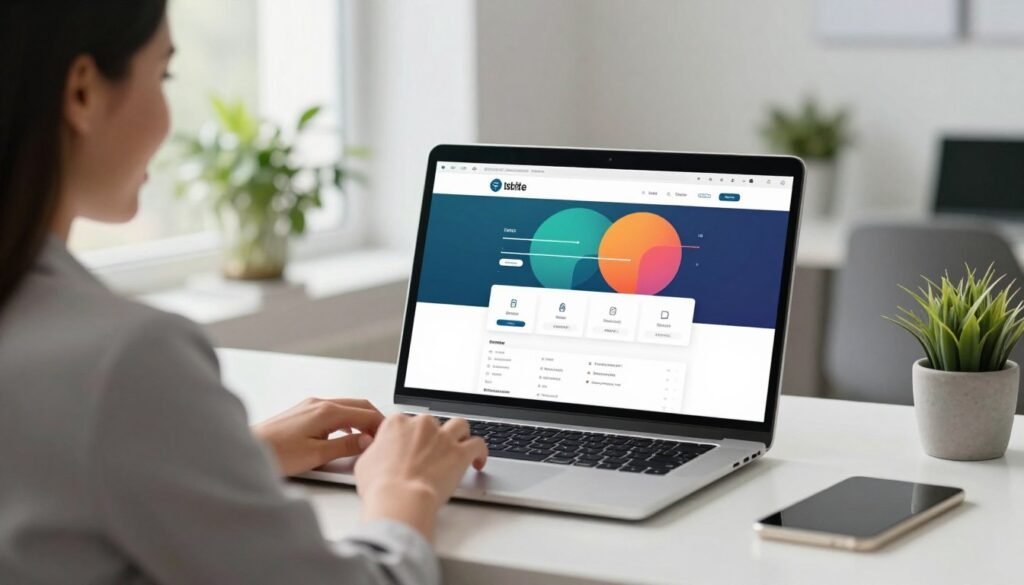 A modern office workspace with a clean, minimalist design, showcasing a user-friendly website creation interface on a laptop screen. In the foreground, a professional woman in business attire smiles as she easily navigates the website builder, illustrating ease of use. The middle layer features the laptop prominently displaying a colorful and intuitive interface with drag-and-drop features. The background has soft, natural lighting streaming through a large window, creating a bright, inviting atmosphere. Potted plants add a touch of greenery, enhancing the calm and productive mood of the scene. The entire composition captures the simplicity and accessibility of online site creation, emphasizing a seamless user experience. A modern office workspace with a clean, minimalist design, showcasing a user-friendly website creation interface on a laptop screen. In the foreground, a professional woman in business attire smiles as she easily navigates the website builder, illustrating ease of use. The middle layer features the laptop prominently displaying a colorful and intuitive interface with drag-and-drop features. The background has soft, natural lighting streaming through a large window, creating a bright, inviting atmosphere. Potted plants add a touch of greenery, enhancing the calm and productive mood of the scene. The entire composition captures the simplicity and accessibility of online site creation, emphasizing a seamless user experience.