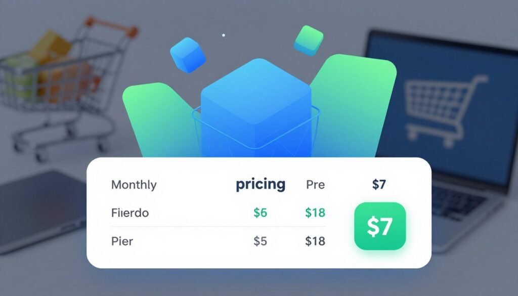 A modern, sleek digital illustration representing "pricing" for an online shopping platform. In the foreground, a minimalist pricing table showcasing monthly and annual subscription options, with the highlighted price of $7 prominently displayed. The middle ground features abstract geometric shapes suggesting connectivity and technology, with varying shades of blue and green for a fresh, inviting look. The background includes soft, blurred images of shopping carts and digital devices, creating a sense of e-commerce. The lighting is bright and vibrant, enhancing the professional atmosphere while maintaining a friendly mood. Shot from a slightly elevated angle to provide depth, emphasizing the significance of pricing in online shopping. A modern, sleek digital illustration representing "pricing" for an online shopping platform. In the foreground, a minimalist pricing table showcasing monthly and annual subscription options, with the highlighted price of $7 prominently displayed. The middle ground features abstract geometric shapes suggesting connectivity and technology, with varying shades of blue and green for a fresh, inviting look. The background includes soft, blurred images of shopping carts and digital devices, creating a sense of e-commerce. The lighting is bright and vibrant, enhancing the professional atmosphere while maintaining a friendly mood. Shot from a slightly elevated angle to provide depth, emphasizing the significance of pricing in online shopping.