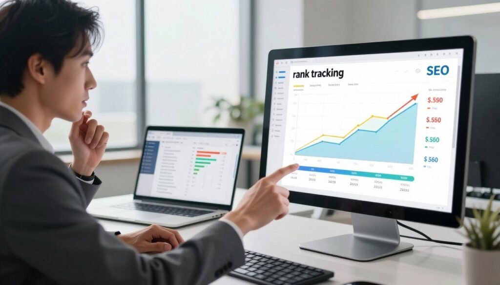 A modern, sleek digital workspace illustrating the concept of "rank tracking" for SEO. In the foreground, a high-tech computer screen shows colorful graphs and metrics related to website rankings, displaying upward trends and precise numbers. To the left, a professional in business attire analyzes the data, pointing at the screen with a thoughtful expression. In the middle ground, an open laptop features an SEO software interface with detailed tracking features. The background reveals a bright, airy office space with large windows allowing natural light to flood in, creating a professional and inspirational atmosphere. Soft shadows enhance the 3D effect of the elements, and there's a sense of focus and determination in the scene, emphasizing precision and flexibility in rank tracking. A modern, sleek digital workspace illustrating the concept of "rank tracking" for SEO. In the foreground, a high-tech computer screen shows colorful graphs and metrics related to website rankings, displaying upward trends and precise numbers. To the left, a professional in business attire analyzes the data, pointing at the screen with a thoughtful expression. In the middle ground, an open laptop features an SEO software interface with detailed tracking features. The background reveals a bright, airy office space with large windows allowing natural light to flood in, creating a professional and inspirational atmosphere. Soft shadows enhance the 3D effect of the elements, and there's a sense of focus and determination in the scene, emphasizing precision and flexibility in rank tracking.
