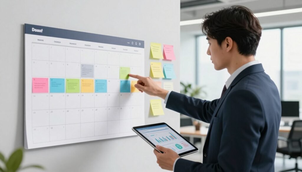 A modern, sleek workspace featuring a large wall calendar displaying scheduled social media posts, strategically color-coded for different platforms. In the foreground, a professional individual, dressed in smart business attire, is intently analyzing the calendar while holding a digital tablet that shows analytics. In the middle ground, there are pinned notes and reminders about upcoming campaigns, emphasizing organization and planning. The background reveals a bright, airy office with large windows letting in natural light, creating a vibrant atmosphere. The scene conveys a sense of productivity and growth, using soft lighting to create an inviting and focused environment. The focus is on the tools of scheduling and planning, without any distractions from text or graphics. A modern, sleek workspace featuring a large wall calendar displaying scheduled social media posts, strategically color-coded for different platforms. In the foreground, a professional individual, dressed in smart business attire, is intently analyzing the calendar while holding a digital tablet that shows analytics. In the middle ground, there are pinned notes and reminders about upcoming campaigns, emphasizing organization and planning. The background reveals a bright, airy office with large windows letting in natural light, creating a vibrant atmosphere. The scene conveys a sense of productivity and growth, using soft lighting to create an inviting and focused environment. The focus is on the tools of scheduling and planning, without any distractions from text or graphics.