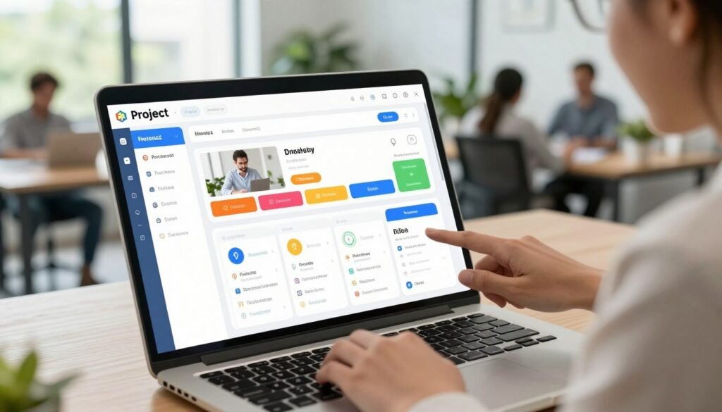 A modern, user-friendly digital interface displayed on a sleek laptop screen, showcasing intuitive project management tools. In the foreground, a confident user in professional attire interacts with the interface, highlighting ease of use. The middle layer features an aesthetically pleasing interface design with vibrant colors and clear buttons, illustrating seamless navigation and collaboration features. In the background, a bright and open office space filled with greenery, large windows allowing natural light to flood in, enhancing the inviting atmosphere. The scene captures a productive team environment, signifying teamwork and engagement, with soft lighting to create a warm, encouraging mood. The angle is slightly elevated, providing a comprehensive view of both the user and the interface. A modern, user-friendly digital interface displayed on a sleek laptop screen, showcasing intuitive project management tools. In the foreground, a confident user in professional attire interacts with the interface, highlighting ease of use. The middle layer features an aesthetically pleasing interface design with vibrant colors and clear buttons, illustrating seamless navigation and collaboration features. In the background, a bright and open office space filled with greenery, large windows allowing natural light to flood in, enhancing the inviting atmosphere. The scene captures a productive team environment, signifying teamwork and engagement, with soft lighting to create a warm, encouraging mood. The angle is slightly elevated, providing a comprehensive view of both the user and the interface.