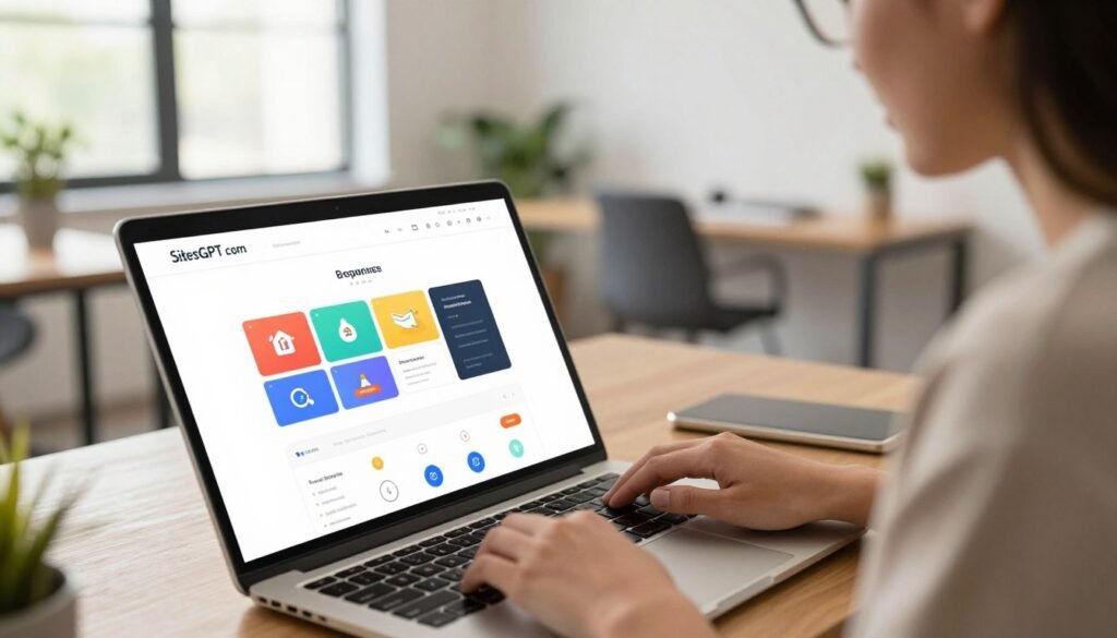 A modern, user-friendly website builder interface displayed on a sleek laptop. In the foreground, vibrant design elements like colorful icons and templates are visible on the screen, showcasing responsive layouts. The middle ground includes a professional individual in business casual attire, engaged with the laptop, appearing focused and inspired. The background features a bright, open office space with large windows letting in natural light, plants for a fresh feel, and minimalist decor to enhance productivity. Warm, inviting lighting creates a positive, innovative atmosphere. The perspective is slightly angled from above, capturing both the user and the interface, illustrating the ease and efficiency of creating websites with SitesGPT.com. A modern, user-friendly website builder interface displayed on a sleek laptop. In the foreground, vibrant design elements like colorful icons and templates are visible on the screen, showcasing responsive layouts. The middle ground includes a professional individual in business casual attire, engaged with the laptop, appearing focused and inspired. The background features a bright, open office space with large windows letting in natural light, plants for a fresh feel, and minimalist decor to enhance productivity. Warm, inviting lighting creates a positive, innovative atmosphere. The perspective is slightly angled from above, capturing both the user and the interface, illustrating the ease and efficiency of creating websites with SitesGPT.com.