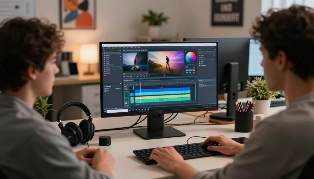 A modern video editor workspace featuring a sleek computer setup displaying high-resolution editing software on the screen, surrounded by an organized desk with professional tools like headphones, a color grading monitor, and various digital media accessories. In the foreground, a focused individual, dressed in smart casual attire, engages with the software, showcasing a sense of concentration and creativity. The middle ground includes soft lighting illuminating the workspace, with ambient light creating a productive atmosphere. The background is slightly blurred, depicting a stylish office environment with motivational posters about creativity and video editing. The overall mood is inspiring and professional, representing both beginners and seasoned editors comfortably navigating VEED's user-friendly interface. A modern video editor workspace featuring a sleek computer setup displaying high-resolution editing software on the screen, surrounded by an organized desk with professional tools like headphones, a color grading monitor, and various digital media accessories. In the foreground, a focused individual, dressed in smart casual attire, engages with the software, showcasing a sense of concentration and creativity. The middle ground includes soft lighting illuminating the workspace, with ambient light creating a productive atmosphere. The background is slightly blurred, depicting a stylish office environment with motivational posters about creativity and video editing. The overall mood is inspiring and professional, representing both beginners and seasoned editors comfortably navigating VEED's user-friendly interface.