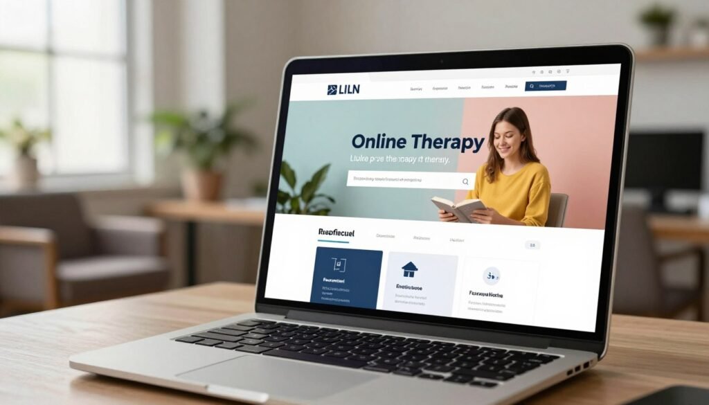 A modern web design interface displayed on a sleek computer screen in an inviting office environment. In the foreground, a stylish laptop with a vibrant and user-friendly online therapy platform open, featuring calming colors and easy navigation options. The middle layer contains a comfortable office setting, with a cozy chair, potted plants, and soft lighting that creates a warm atmosphere. The background is slightly blurred to emphasize the laptop screen, showcasing elements like a window with natural light filtering in and professional decor. The mood is serene and conducive to mental wellness, illustrating the accessibility and user-friendly experience of online therapy services. The scene is well-lit, emphasizing clarity and professionalism, shot from a slight angle to add depth. A modern web design interface displayed on a sleek computer screen in an inviting office environment. In the foreground, a stylish laptop with a vibrant and user-friendly online therapy platform open, featuring calming colors and easy navigation options. The middle layer contains a comfortable office setting, with a cozy chair, potted plants, and soft lighting that creates a warm atmosphere. The background is slightly blurred to emphasize the laptop screen, showcasing elements like a window with natural light filtering in and professional decor. The mood is serene and conducive to mental wellness, illustrating the accessibility and user-friendly experience of online therapy services. The scene is well-lit, emphasizing clarity and professionalism, shot from a slight angle to add depth.