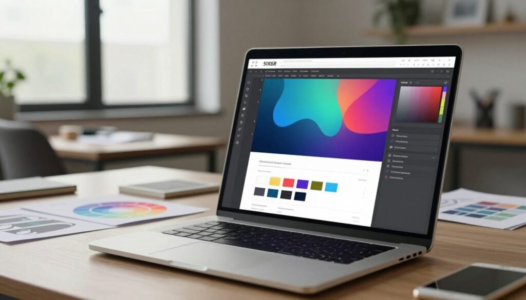 A modern web design interface showcasing an advanced user experience and intuitive design tools. In the foreground, display a sleek laptop with an elegant graphic design software open, highlighting vibrant colors and a user-friendly layout. In the middle ground, include a workspace with stylish office elements, such as a comfortable chair and a contemporary desk adorned with design sketches and a color palette. The background should feature a large window letting in soft, natural light, creating a welcoming atmosphere. The overall mood should be inspiring and professional, emphasizing creativity and ease of use in the design process. Use soft focus and a cinematic angle to enhance depth and draw attention to the interface on the laptop screen. A modern web design interface showcasing an advanced user experience and intuitive design tools. In the foreground, display a sleek laptop with an elegant graphic design software open, highlighting vibrant colors and a user-friendly layout. In the middle ground, include a workspace with stylish office elements, such as a comfortable chair and a contemporary desk adorned with design sketches and a color palette. The background should feature a large window letting in soft, natural light, creating a welcoming atmosphere. The overall mood should be inspiring and professional, emphasizing creativity and ease of use in the design process. Use soft focus and a cinematic angle to enhance depth and draw attention to the interface on the laptop screen.