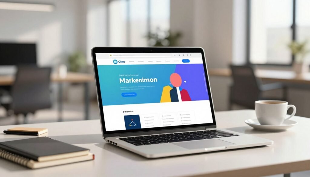 A modern web design showcased on a sleek laptop, positioned prominently on a minimalist desk. The foreground features the laptop open to a clean, user-friendly website interface with vibrant colors and intuitive navigation elements. In the middle ground, a few strategically placed office items like a notepad and a cup of coffee create a professional atmosphere. The background displays a softly blurred modern office space with natural light streaming in through large windows, casting gentle shadows. The overall mood is productive and innovative, reflecting the dynamic nature of marketing automation. The image should utilize soft lighting with a slight depth of field to emphasize the laptop and create a warm yet focused environment. No text or overlays should be present. A modern web design showcased on a sleek laptop, positioned prominently on a minimalist desk. The foreground features the laptop open to a clean, user-friendly website interface with vibrant colors and intuitive navigation elements. In the middle ground, a few strategically placed office items like a notepad and a cup of coffee create a professional atmosphere. The background displays a softly blurred modern office space with natural light streaming in through large windows, casting gentle shadows. The overall mood is productive and innovative, reflecting the dynamic nature of marketing automation. The image should utilize soft lighting with a slight depth of field to emphasize the laptop and create a warm yet focused environment. No text or overlays should be present.