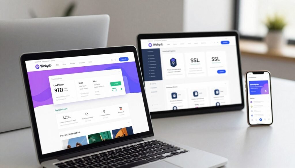 A modern website interface displayed on multiple device screens, including a laptop, tablet, and smartphone, showcasing a clean and user-friendly design. The foreground features the laptop screen emphasizing a vibrant dashboard with performance metrics like load times and uptime statistics, while the tablet shows hosting options and security features like SSL certificates. In the background, a subtle office environment with soft, natural lighting creates a professional atmosphere, highlighting a sleek, minimalist workspace. The angle captures the devices from a slight above view, ensuring a clear perspective on the website's layout and functionality. The overall mood is one of efficiency and professionalism, reflecting the seamless creation of websites with Webydo. A modern website interface displayed on multiple device screens, including a laptop, tablet, and smartphone, showcasing a clean and user-friendly design. The foreground features the laptop screen emphasizing a vibrant dashboard with performance metrics like load times and uptime statistics, while the tablet shows hosting options and security features like SSL certificates. In the background, a subtle office environment with soft, natural lighting creates a professional atmosphere, highlighting a sleek, minimalist workspace. The angle captures the devices from a slight above view, ensuring a clear perspective on the website's layout and functionality. The overall mood is one of efficiency and professionalism, reflecting the seamless creation of websites with Webydo.
