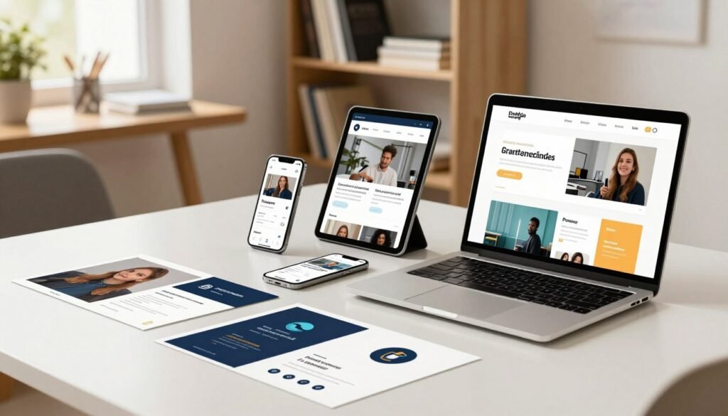 A modern workspace scene showcasing a diverse range of digital design mockups. In the foreground, a sleek laptop displays various templates, logos, and promotional videos on its screen. Beside it, an assortment of eye-catching printed mockups rests on a bright, minimalist desk. In the middle ground, a stylish smartphone and tablet showcase mobile mockups, highlighting a user-friendly interface. The background features a well-organized shelf filled with design books and tools, bathed in soft, natural light coming from a window. The atmosphere is creative and inspiring, ideal for digital marketing and design. Use a wide-angle lens to capture the entire scene with warm tones that evoke productivity and innovation. A modern workspace scene showcasing a diverse range of digital design mockups. In the foreground, a sleek laptop displays various templates, logos, and promotional videos on its screen. Beside it, an assortment of eye-catching printed mockups rests on a bright, minimalist desk. In the middle ground, a stylish smartphone and tablet showcase mobile mockups, highlighting a user-friendly interface. The background features a well-organized shelf filled with design books and tools, bathed in soft, natural light coming from a window. The atmosphere is creative and inspiring, ideal for digital marketing and design. Use a wide-angle lens to capture the entire scene with warm tones that evoke productivity and innovation.
